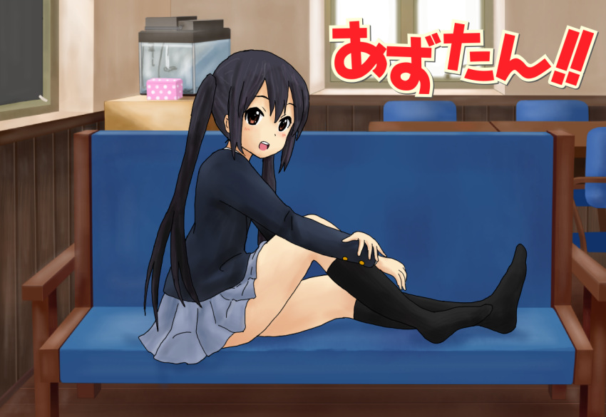 1girl black_hair black_legwear brown_eyes commentary_request couch hirondo k-on! long_hair multiple_girls nakano_azusa school_uniform sitting solo title_parody twintails
