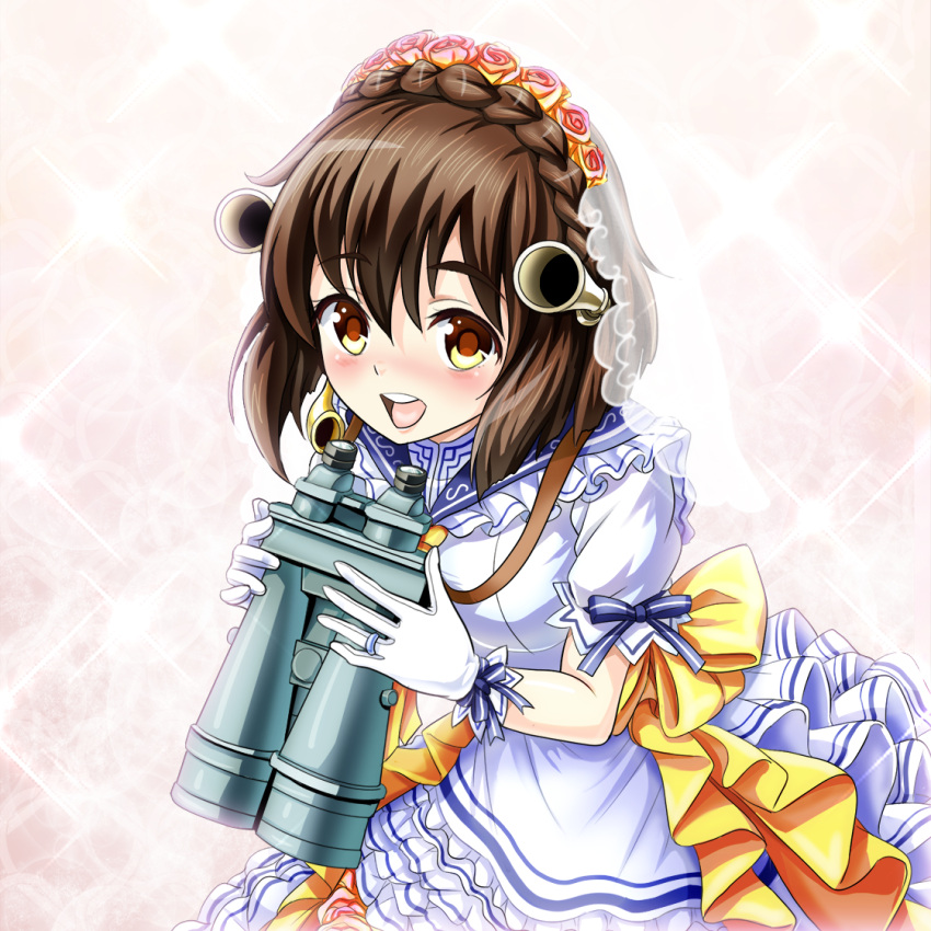 1girl :d binoculars blush bow braid bridal_veil bride brown_hair collar commentary_request dress flower frilled_dress frills gloves hair_flower hair_ornament headgear holding kantai_collection looking_at_viewer open_mouth puffy_short_sleeves puffy_sleeves red_rose rose see-through short_hair short_sleeves simple_background smile solo sparkle_background tk8d32 veil white_dress white_gloves yukikaze_(kantai_collection)