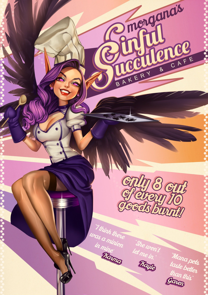 1girl alternate_costume black_wings chef_hat hat highres league_of_legends morgana purple_hair raspbeary solo thigh-highs violet_eyes wings