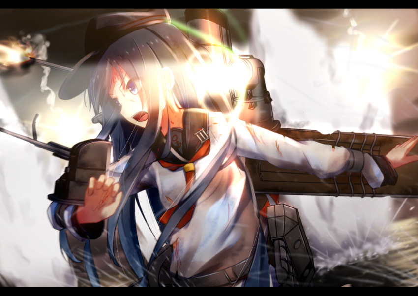 1girl akatsuki_(kantai_collection) black_hair blood blood_on_face blue_eyes commentary_request cuon_(kuon) firing hat kantai_collection lamp letterboxed light light_rays long_hair long_sleeves machinery open_mouth remodel_(kantai_collection) school_uniform serafuku shirt splashing sun sunlight torn_clothes torn_shirt very_long_hair wading water white_shirt