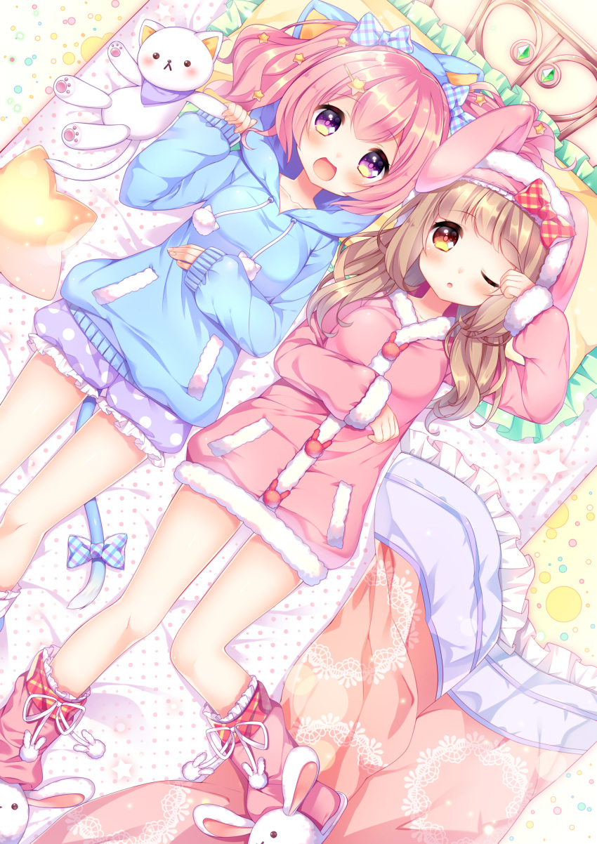 2girls :&lt; :d ;o absurdres animal_ears animal_hood bangs bed_sheet blonde_hair blue_bow blush boots bow breasts bunny_hood cat_ears cat_tail checkered_bow dress eyebrows_visible_through_hair frilled_pillow frilled_shorts frills from_above hair_between_eyes hair_bow hand_on_own_stomach hand_up highres hood hood_down hood_up hoodie large_breasts looking_at_viewer lying medium_breasts multiple_girls natsume_asato on_back one_eye_closed open_mouth original parted_lips pillow pink_hair pom_pom_(clothes) puffy_shorts red_bow rubbing_eyes shorts smile stuffed_animal stuffed_cat stuffed_toy sweater sweater_dress tail tail_bow violet_eyes yellow_eyes