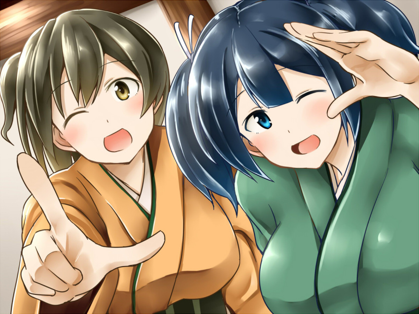 2girls ;d blue_eyes blue_hair blush breasts brown_eyes brown_hair hair_ribbon hiryuu_(kantai_collection) japanese_clothes kamelie kantai_collection large_breasts looking_at_viewer multiple_girls one_eye_closed one_side_up open_mouth ribbon short_hair side_ponytail smile souryuu_(kantai_collection) twintails when_you_see_it