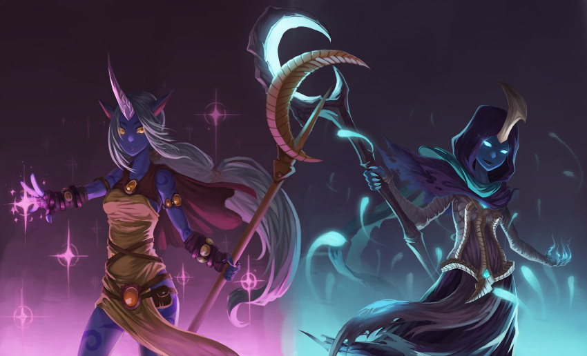 2girls absurdres alternate_hair_color armlet blue_eyes cape fingerless_gloves gloves glowing glowing_eyes glowing_weapon highres hood horn league_of_legends long_hair multiple_girls outstretched_hand ponytail pouch purple_skin sakimeikun-daze soraka sparkle staff tattoo weapon white_hair yellow_eyes