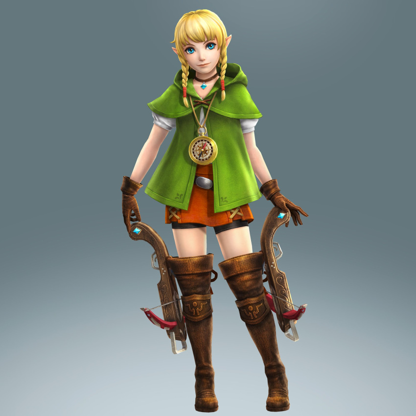 1girl 3d bangs bike_shorts blonde_hair blue_eyes boots bow_(weapon) braid brown_boots brown_legwear capelet choker compass crossbow dual_wielding gloves highres hood jewelry leather_boots leather_gloves linkle long_hair looking_at_viewer necklace official_art pointy_ears shorts_under_skirt sidelocks smile solo the_legend_of_zelda thigh-highs thigh_boots twin_braids weapon zelda_musou zettai_ryouiki