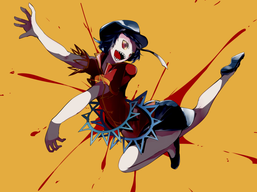 1girl :o al_bhed_eyes black_shoes blood blood_splatter blue_hair flats full_body hat highres ikurauni jiangshi miyako_yoshika ofuda open_mouth outstretched_arms red_shirt sharp_teeth shirt shoes short_hair short_sleeves simple_background sketch skirt solo star touhou yellow_background yellow_sclera zombie_pose