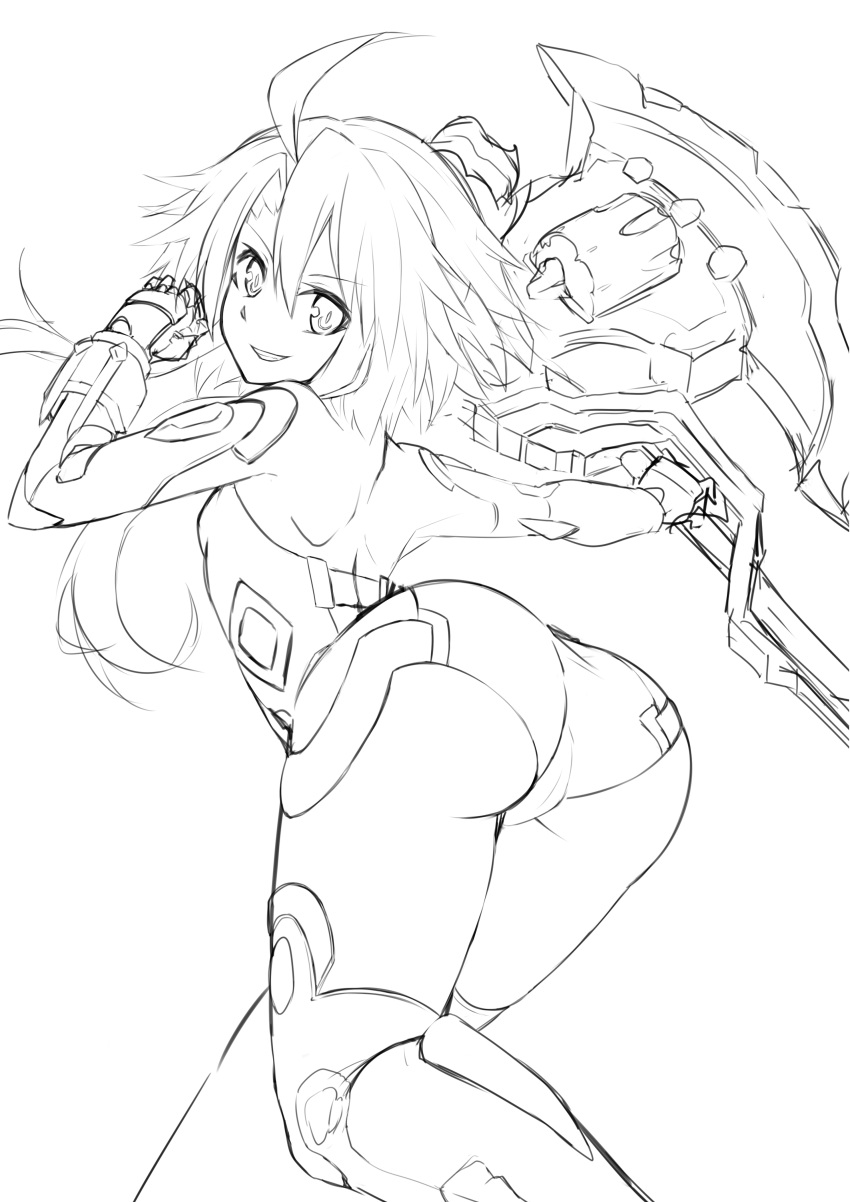 1girl absurdres ahoge ass axe bare_shoulders blanc breasts brown_hair choujigen_game_neptune gene_(gear_gene) highres looking_at_viewer monochrome neptune_(series) sketch smile weapon white_heart