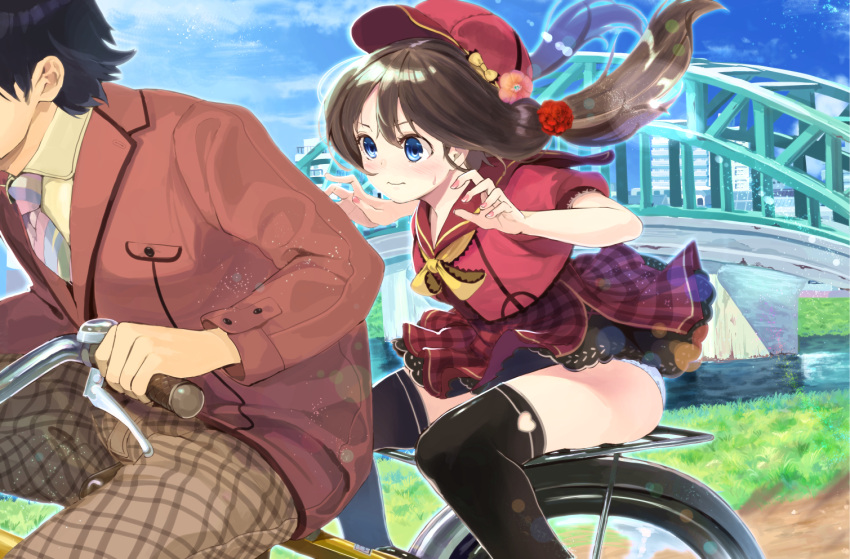 1boy 1girl bicycle black_hair black_legwear blazer blue_eyes blue_sky blush bow bridge brown_hair buttons clouds flower goiro_(doukutsuwa) grass hair_between_eyes hair_flower hair_ornament hat head_out_of_frame heart_cutout hetero long_hair long_sleeves looking_at_another low_twintails nail_polish necktie nervous original outdoors panties pants pantyshot pantyshot_(sitting) plaid plaid_pants plaid_skirt red_shoes ribbon riding riverbank sailor_collar school_uniform shirt shoes short_sleeves sitting skirt sky suspender_skirt suspenders sweatdrop thigh-highs twintails underwear upskirt water white_panties window yellow_bow yellow_ribbon yellow_shirt