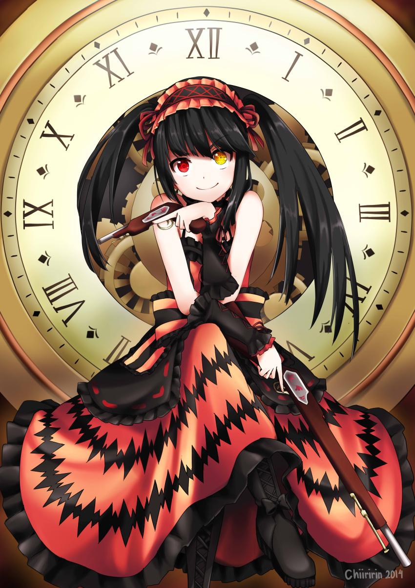 1girl absurdres bare_shoulders black_boots black_bow black_hair boots bow chiiririn closed_mouth date_a_live dress frilled_dress frills gothic gothic_lolita gun hairband heterochromia highres holding_gun holding_weapon lolita_fashion lolita_hairband long_hair looking_at_viewer smile solo tokisaki_kurumi twintails weapon