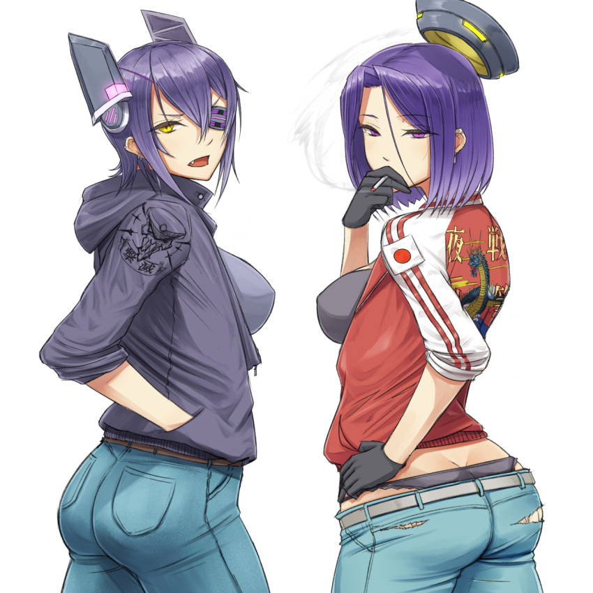 2girls ass breasts casual cigarette clothes_writing denim eyepatch gloves headgear highres jeans kantai_collection looking_back mechanical_halo mob3 multiple_girls panties pants purple_hair short_hair smoking tatsuta_(kantai_collection) tenryuu_(kantai_collection) underwear violet_eyes whale_tail