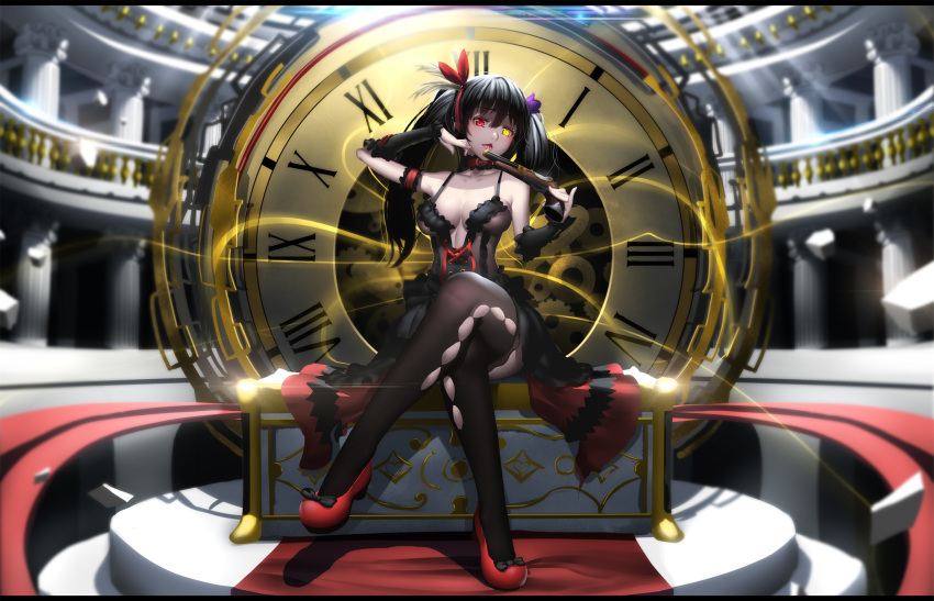 1girl adjusting_hair analog_clock arm_strap black_hair black_legwear blur bow breasts cleavage clock crossed_legs date_a_live detached_sleeves dress gun hair_ribbon heterochromia highres hk_(hk) holding letterboxed lolita_fashion long_hair looking_at_viewer open_mouth red_eyes ribbon roman_numerals sitting solo thigh-highs tokisaki_kurumi twintails weapon yellow_eyes