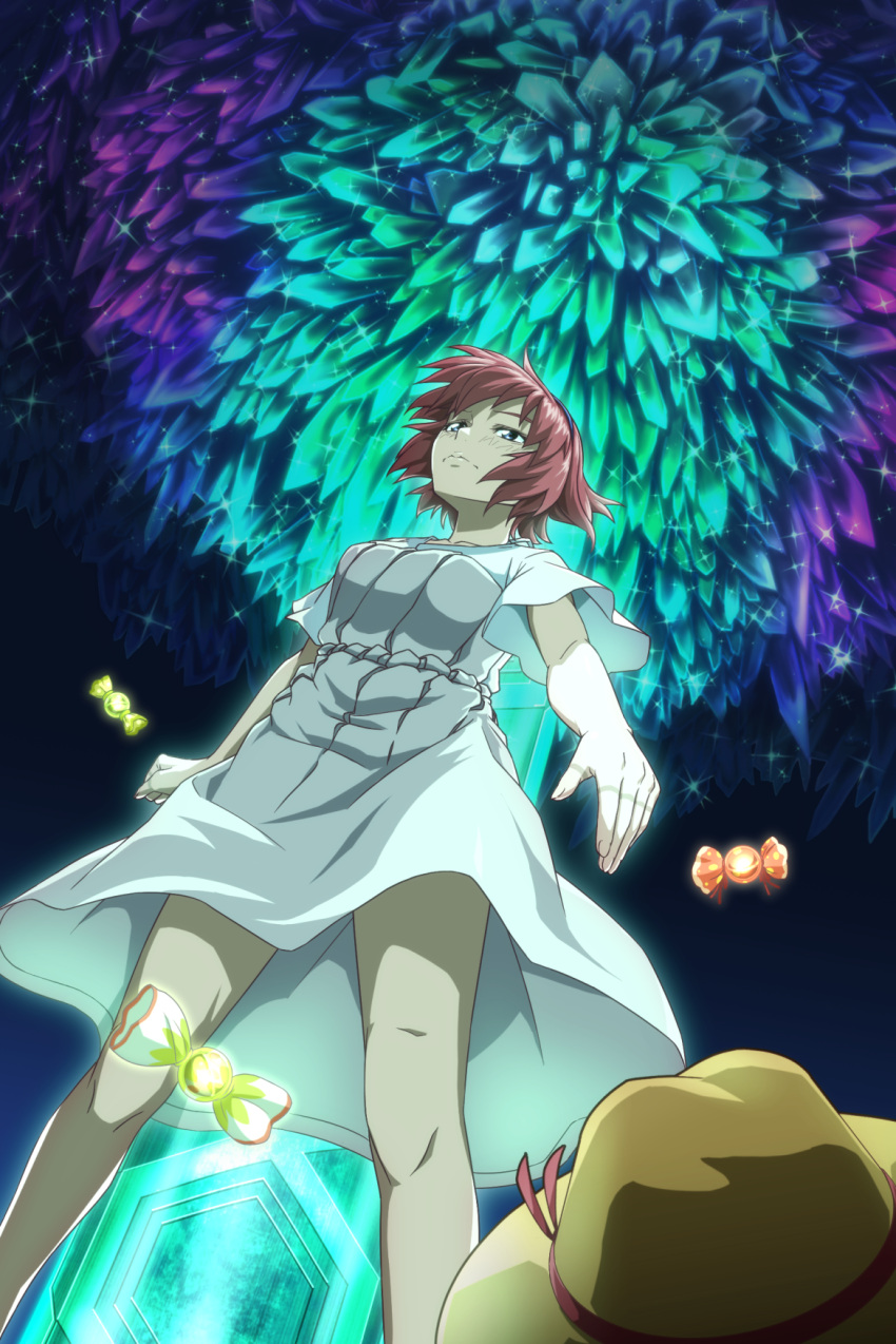 1girl blue_eyes blush candy collarbone crystal dress finger_marks from_below frown hairband hat hat_removed hat_ribbon headwear_removed highres kanon_memphis redhead ribbon shiny shiny_hair short_hair solo soukyuu_no_fafner sparkle spoilers uganda white_dress