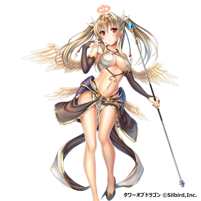 1girl absurdres bare_legs blonde_hair blush breasts bridal_gauntlets cleavage dansa earrings feathered_wings highres jewelry large_breasts long_hair looking_at_viewer navel original red_eyes simple_background solo staff tower_of_dragon twintails under_boob white_background white_legwear white_wings wings