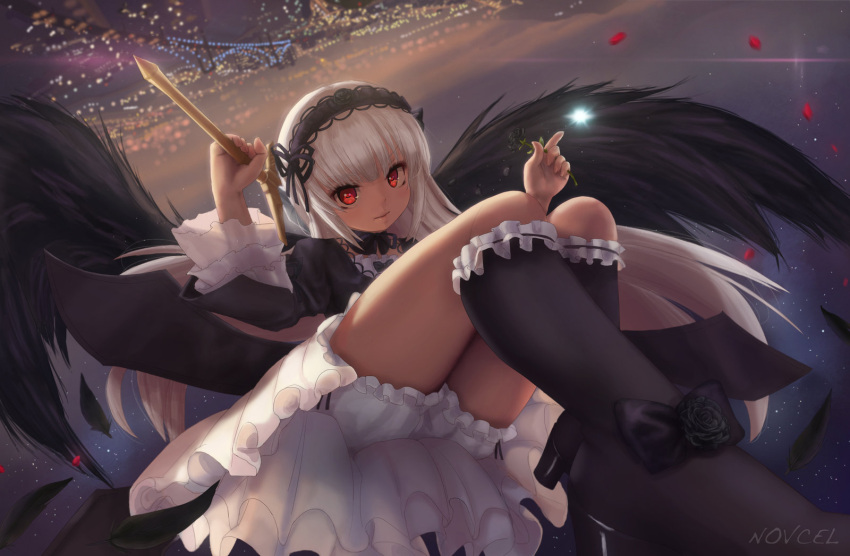 1girl artist_name black_legwear black_shoes black_wings boots city city_lights dress feathered_wings feathers flying gothic_lolita hairband high_heel_boots high_heels highres lolita_fashion long_hair novcel over_shoulder petals red_eyes rozen_maiden shoes solo suigintou white_hair wings