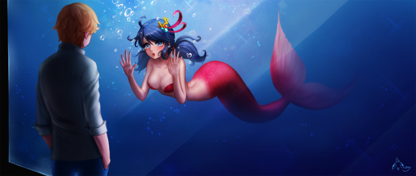 1boy 1girl adrien_agreste against_glass ahoge air_bubble ango aquarium arched_back bangs blonde_hair blue_eyes blue_hair breasts cleavage collarbone hair_ornament hands_in_pockets highres long_hair looking_at_another marinette_cheng mermaid miraculous_ladybug monster_girl pants shirt short_hair signature swept_bangs tears twintails underwater
