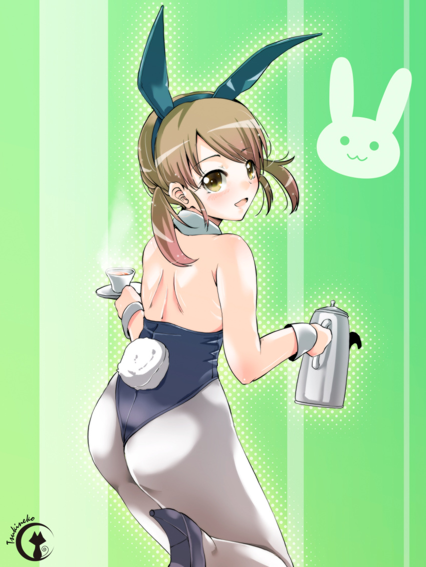 1girl animal_ears artist_name ass bare_shoulders blush brown_eyes brown_hair bunny_girl bunny_tail bunnysuit cup detached_collar highres kantai_collection long_hair looking_at_viewer looking_back low_twintails open_mouth pantyhose rabbit_ears saucer shirayuki_(kantai_collection) smile solo steam tail tea teacup teapot tsukineko twintails white_legwear wrist_cuffs