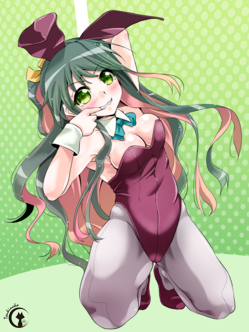 1girl adapted_costume animal_ears artist_name blush bowtie breasts bunny_girl bunnysuit cleavage detached_collar green_hair grey_legwear grin highres kantai_collection long_hair looking_at_viewer multicolored_hair naganami_(kantai_collection) pantyhose pink_hair pole rabbit_ears smile solo squatting straddling tsukineko wrist_cuffs