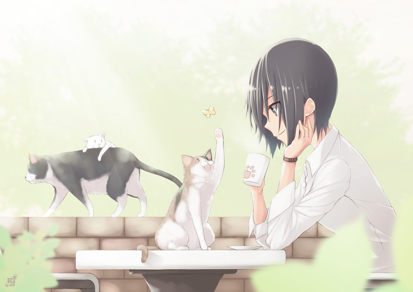 1girl butterfly cat chin_rest collared_shirt cup highres mku mug original outdoors paw_print shirt smile solo tagme