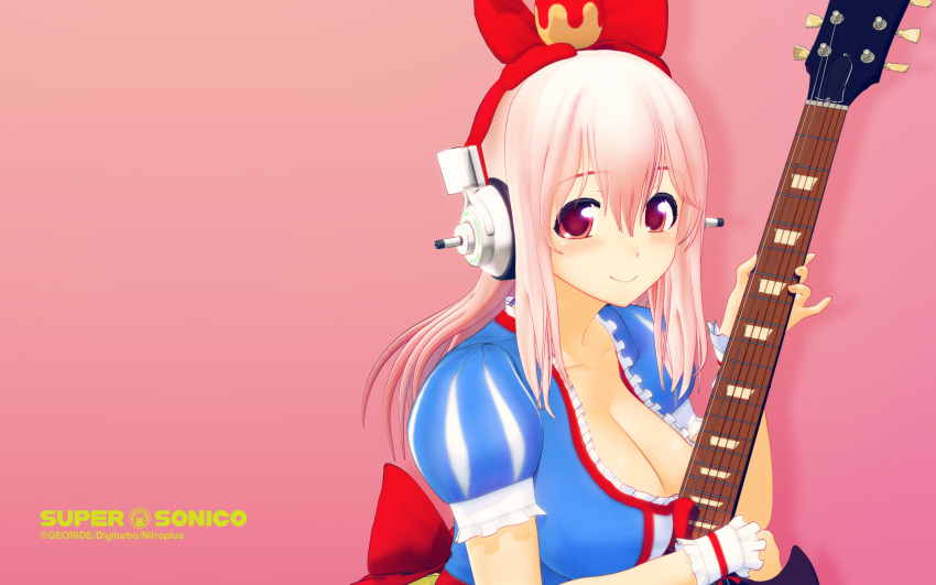 1girl 3d blush bow breasts guitar hair_bow headphones highres instrument large_breasts long_hair looking_at_viewer mascot nitroplus pink_hair puffy_sleeves red_eyes smile snow_white_and_the_seven_dwarfs solo super_sonico wallpaper