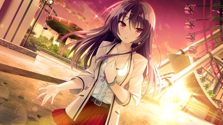 1girl amusement_park backlighting bangs belt black_hair blazer breasts cleavage clenched_hand clouds colored_eyelashes cowboy_shot dutch_angle earrings ferris_wheel frills fujita_konomi game_cg hand_on_own_chest jewelry koi_saku_miyako_ni_ai_no_yakusoku_wo_~annaffiare~ lamppost lens_flare long_hair looking_at_viewer natsume_eri necklace open_blazer open_clothes outdoors outstretched_hand parted_bangs parted_lips pleated_skirt red_eyes red_skirt ribbon skirt sky solo sparkle standing sun sunset tears tree tsurime watch watch