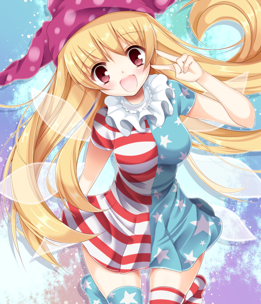 1girl :d blonde_hair breasts clownpiece fairy_wings hat highres jester_cap large_breasts long_hair open_mouth print_legwear red_eyes smile solo stigma1101 striped striped_legwear thigh-highs touhou v_over_eye wings
