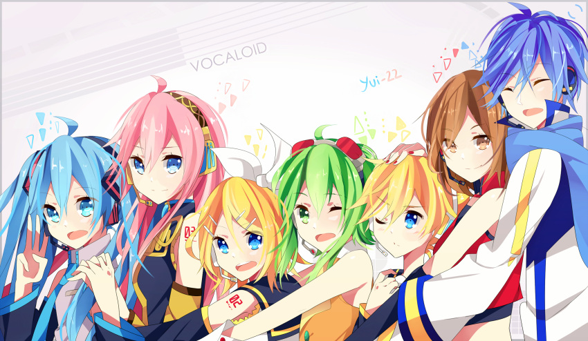 2boys 5girls ^_^ ahoge blonde_hair blue_eyes blue_hair brown_eyes brown_hair closed_eyes everyone eyes goggles green gumi hair hair_ornament hairpin happy hatsune_miku headphones highres kagamine_len kagamine_rin kaito_(vocaloid3) long_hair megurine_luka_(vocaloid4) meiko_(vocaloid3) microphone multiple_boys multiple_girls nail_polish necktie one_eye_closed pink_hair ribbon scarf short_hair smile twintails vocaloid yui-22