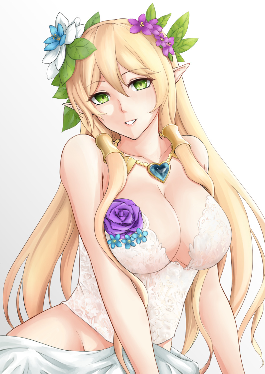 1girl blonde_hair blush breasts bustier cleavage dress freyja_(p&amp;d) green_eyes hat highres jewelry long_hair necklace no_panties open_mouth pointy_ears puzzle_&amp;_dragons smile solo terry_(pixiv3274443)