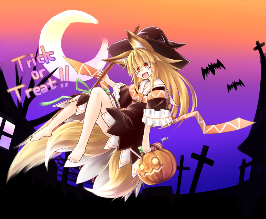 1girl :d absurdres animal_ears barefoot bat blonde_hair broom candy crescent_moon cross dusk fang floating fox_ears fox_tail halloween halloween_costume hat highres jack-o'-lantern lollipop long_hair moon multiple_tails night open_mouth original red_eyes senbon smile solo tail trick_or_treat two_tails witch witch_hat