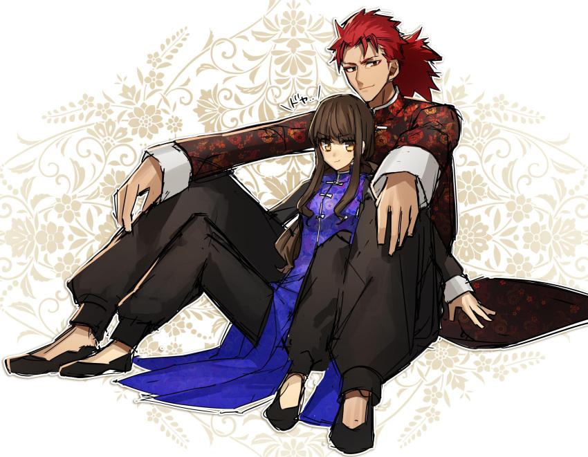 1boy 1girl alternate_costume assassin_(fate/extra) brown_eyes brown_hair chinese_clothes fate/extra fate_(series) highres kishinami_hakuno_(female) long_hair pants ponytail redhead routo sitting smile