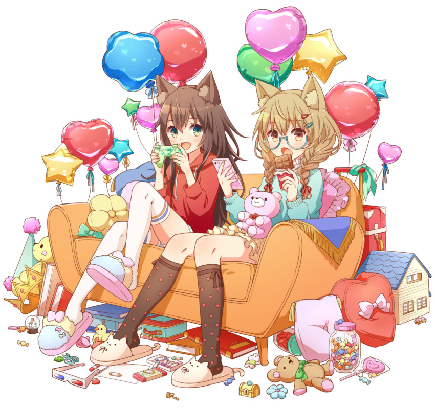 2girls 3d_glasses :&lt; :d animal_ears balloon book braid brown_hair candy cellphone chest chocolate_bar controller couch crayon crown denim denim_shorts doll_house fang game_controller glasses green_eyes hat heart_print highres hoodie jar key kneehighs light_brown_hair lollipop long_hair lunchbox multiple_girls open_mouth original paper party_hat phone pillow rubber_duck short_shorts shorts sitting skirt slippers smartphone smile snow_globe stuffed_animal stuffed_toy suitcase teddy_bear thigh-highs twin_braids wrapped_candy yutsumoe