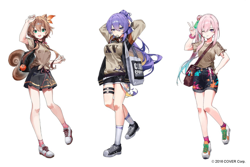 3girls ;) airani_iofifteen animal_ears area_15 arm_up asymmetrical_sidelocks ayunda_risu bag bikini black_jacket black_shorts black_skirt blonde_hair blue_hair brown_hair brown_shirt brown_sleeves cahangonn colored_inner_hair commentary copyright_notice double-parted_bangs english_commentary full_body gradient_hair hair_between_eyes hair_bun hair_ornament hair_tie_in_mouth hairclip hand_on_own_hip high_ponytail hololive hololive_indonesia jacket leaf_hair_ornament long_hair low_twintails miniskirt moona_hoshinova mouth_hold multicolored_hair multiple_girls official_alternate_costume official_art one_eye_closed one_side_up paint_splatter pink_hair pink_socks ponytail print_bikini print_shirt purple_hair raglan_sleeves scrunchie shirt shirt_tucked_in shoes shorts shoulder_bag side_ponytail side_up_bun simple_background single_side_bun skirt smile sneakers socks squirrel_ears squirrel_girl squirrel_tail starry_hair swept_bangs swimsuit t-shirt tail thigh_strap tied_shirt twintails two-tone_hair tying_hair v very_long_hair violet_eyes virtual_youtuber white_background white_shoes white_socks wrist_scrunchie x_hair_ornament