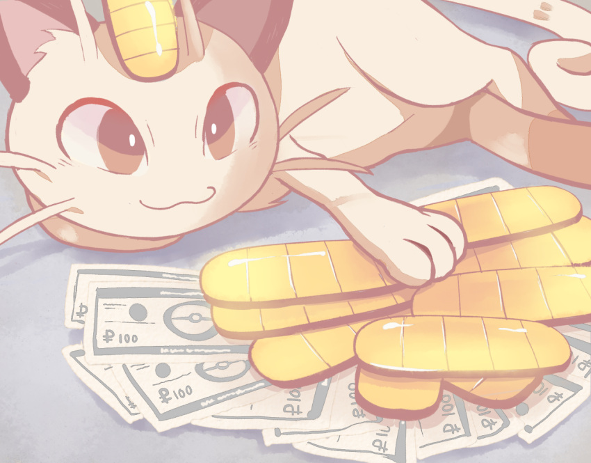 :3 coin commentary gameplay_mechanics lying meowth money no_humans pokemon pokemon_(creature) pokemon_(game) sally_(luna-arts) solo