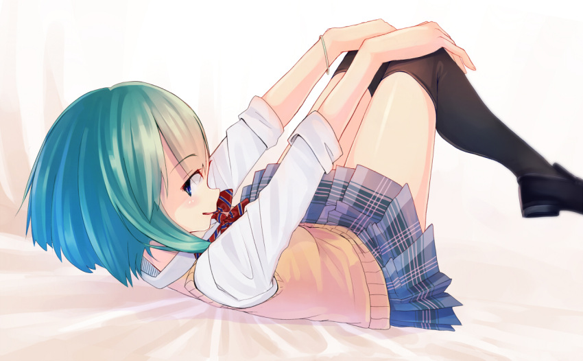 1girl aqua_hair bed_sheet black_legwear blue_eyes blurry blush bow bowtie bracelet hair_ornament hairclip hands_on_own_knees jewelry leg_lift loafers looking_back lying on_back original over-kneehighs plaid plaid_skirt pleated_skirt school_uniform shiroi_tanuki shirt shoes short_hair skirt sleeves_folded_up solo striped striped_bow striped_bowtie sweater_vest thigh-highs white_shirt