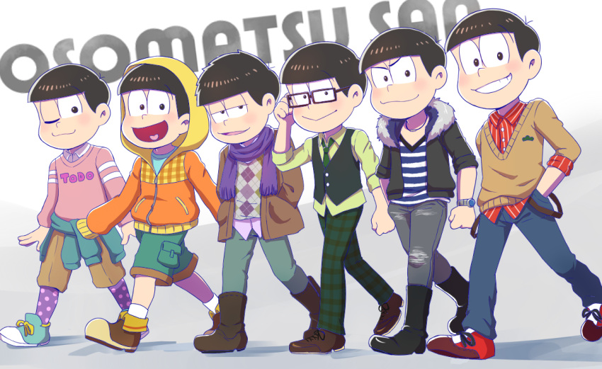 6+boys :&gt; :d adjusting_glasses ahoge alternate_costume argyle argyle_sweater_vest black_hair blush boots brothers buttons cargo_pants casual choromatsu clenched_hand clothes_around_waist copyright_name denim fur_collar glasses half-closed_eyes hand_in_pocket hands_in_pockets hoodie ichimatsu jacket jeans jewelry jyushimatsu karamatsu looking_at_viewer male_focus messy_hair multiple_boys necklace necktie one_eye_closed open_mouth osomatsu-kun osomatsu-san osomatsu_(osomatsu-kun) outstretched_hand pants plaid plaid_pants pocket riko_(sorube) scarf sextuplets shirt shoes shorts siblings sleeves_past_wrists smile socks striped striped_shirt sweater sweater_around_waist sweater_vest todomatsu torn_clothes torn_jeans v-neck vest walking watch watch