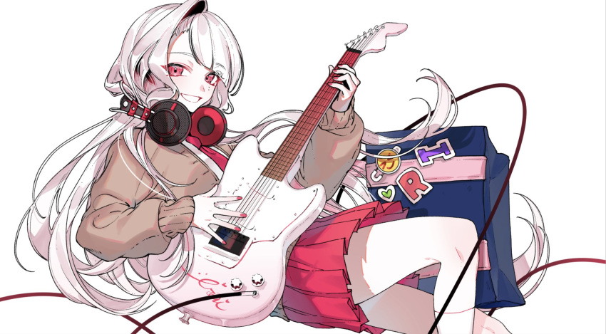 1girl :irai bag bangs bass_guitar beige_cardigan cable cardigan eyebrows_visible_through_hair floating_hair headphones headphones_around_neck highres holding holding_instrument instrument leaning_back long_hair mu_yume necktie original red_eyes red_necktie red_skirt school_bag school_uniform shirt silver_hair skirt smile solo utaite_(singer) very_long_hair white_background white_shirt