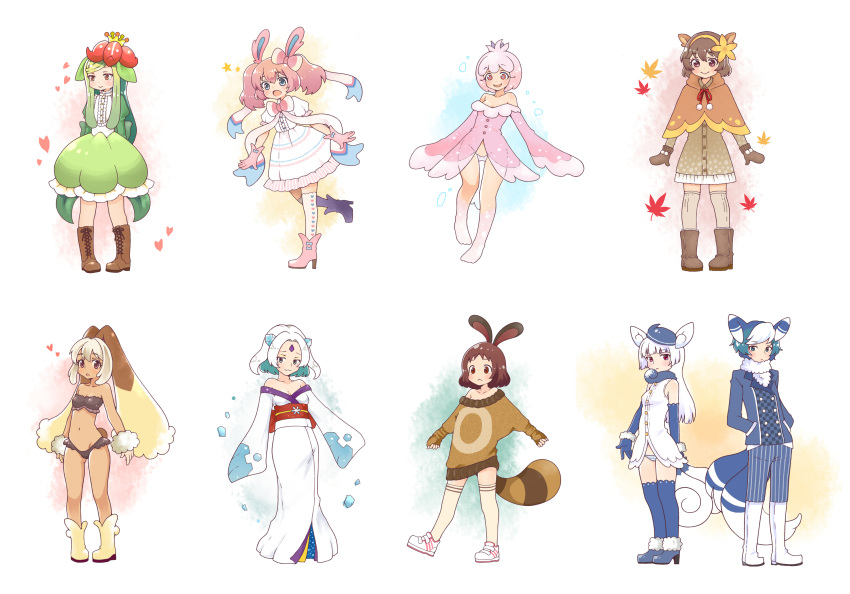 1boy 6+girls animal_ears blue_boots blue_gloves blue_hat boots bow brown_boots brown_eyes brown_hair cat_tail deerling dress flower_hat forehead_jewel frillish froslass gloves gunuko hair_bow hairband hat highres japanese_clothes kimono kneehighs leaf lilligant lopunny meowstic midriff mittens multiple_girls open_mouth personification pink_boots pink_gloves pink_hair pokemon raccoon_tail red_eyes ribbon scrunchie see-through sentret shoes skirt sneakers sweater sylveon tail tan_skin underwear white_boots white_hair white_legwear wrist_scrunchie