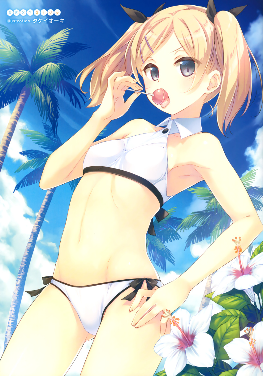 1girl absurdres armpits artist_name bare_shoulders bikini black_eyes blonde_hair blue_sky candy flower hair_ornament hairclip hand_on_hip highres licking lollipop looking_at_viewer mole mole_under_eye navel outdoors palm_tree scan shirobako sky small_breasts solo swimsuit takei_ooki tongue tongue_out tree twintails white_bikini white_swimsuit yano_erika