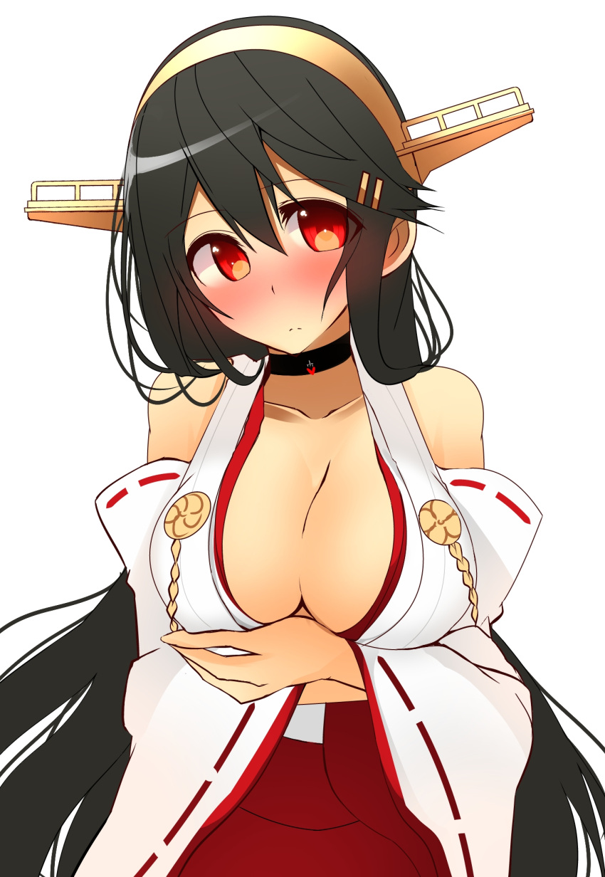 1girl bare_shoulders black_hair blush breast_hold breasts cleavage collarbone detached_sleeves hair_ornament hairband hairclip haruna_(kantai_collection) headgear highres kantai_collection large_breasts long_hair looking_at_viewer nontraditional_miko ribbon-trimmed_sleeves ribbon_trim simple_background skirt solo tsukui_kachou upper_body very_long_hair white_background