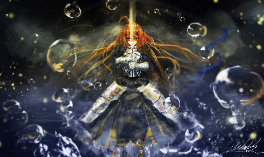 1girl ahoge armor armored_dress artist_request blonde_hair bubble chest_plate excalibur fate/stay_night fate_(series) green_eyes highres long_hair saber solo sword type-moon weapon