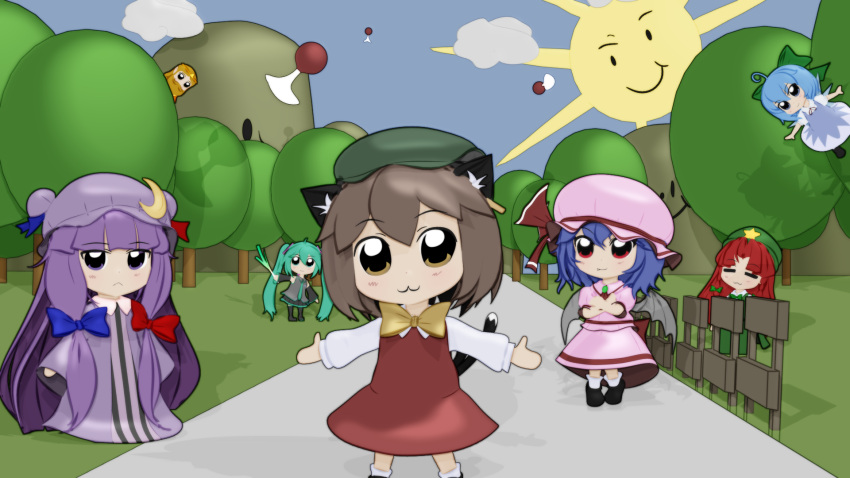 1boy 3d 6+girls :3 =_= animal_ears bat_wings beard beret bike_horn bkub_(style) blender_(medium) blue_eyes blue_hair blue_sky bow braid brooch brown_hair cat_ears cat_tail chen chibi cirno clouds commentary crescent crossover crown detached_sleeves dress earrings facial_hair fang flying green_eyes green_hair gs-mantis hair_bow hat hatsune_miku highres hill holding hong_meiling jewelry king_harkinian lavender_hair long_hair looking_at_viewer multiple_girls multiple_tails mustache necktie outdoors outstretched_arms patchouli_knowledge pink_dress puffy_short_sleeves puffy_sleeves purple_hair red_eyes redhead remilia_scarlet ribbon short_hair short_sleeves side_braid skirt sky smile spread_arms spring_onion sun tail the_legend_of_zelda thigh-highs touhou tree twin_braids twintails very_long_hair violet_eyes vocaloid wings