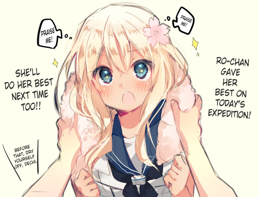 +_+ 1girl blonde_hair blue_eyes blush english female_pov flower hair_flower hair_ornament hard_translated i-58_(kantai_collection) kantai_collection looking_at_viewer open_mouth ro-500_(kantai_collection) school_swimsuit school_uniform serafuku star swimsuit swimsuit_under_clothes tan tanuma_(tyny)