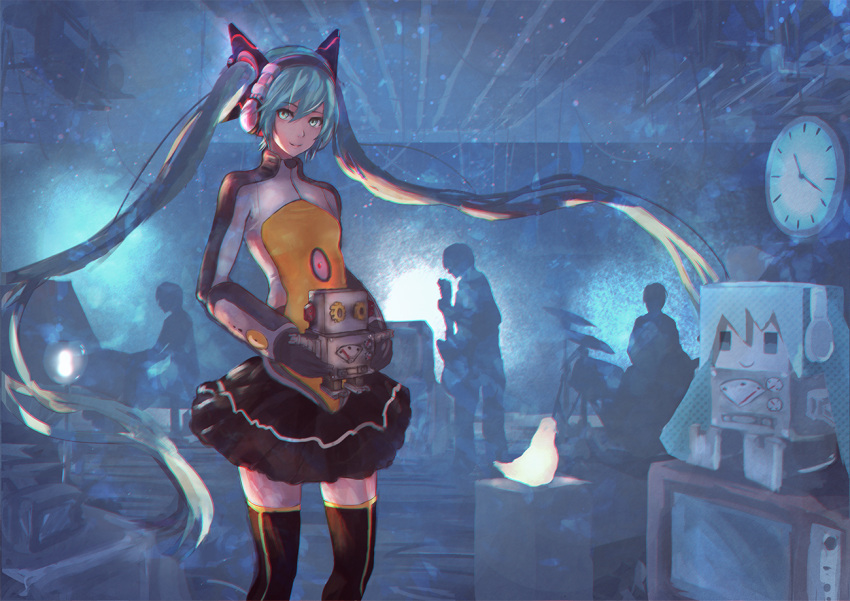 1girl 3boys aqua_hair baka2286 black_legwear black_skirt bodysuit clock drum electric_guitar flat_chest gauntlets guitar hatsune_miku headgear headphones indoors instrument lamp light long_hair looking_at_viewer multiple_boys odds_&amp;_ends_(vocaloid) piano real_life robot silhouette sitting skirt smile supercell television thigh-highs toy twintails very_long_hair vocaloid zettai_ryouiki