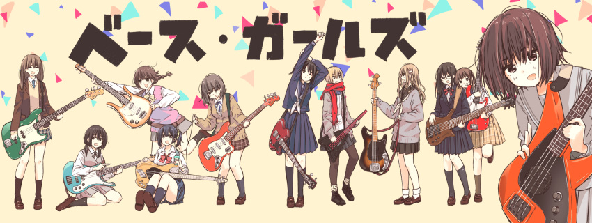 5-string_bass_guitar 6+girls 6-string_bass_guitar :d :o ;) ;d ^_^ ankle_boots bag bare_legs bass_guitar black_boots black_eyes black_hair black_jacket black_skirt black_socks blonde_hair blue_necktie blue_ribbon blue_serafuku blue_skirt bob_cut boots bow bowtie braid breasts brown_eyes brown_jacket brown_pants brown_sailor_collar brown_shoes brown_skirt cable cardigan check_commentary closed_eyes collared_shirt commentary_request contrapposto danelectro dingwall_combustion esp_guitars fender_jazz_bass full_body gibson_sg_(bass) glasses grey_hair grey_ribbon grey_serafuku grey_skirt grey_socks grey_sweater grey_sweater_vest grey_vest guitar_strap hair_ornament hands_up headless_bass_guitar highres instrument instrument_request jacket kneehighs knees_up lace-up_boots leaning_forward leaning_on_person leggings loafers long_hair long_sidelocks long_sleeves low_twintails matsuda_hikari medium_breasts medium_hair medium_skirt midriff_peek miniskirt multiple_girls music_man_stingray neck_ribbon neckerchief necktie one_eye_closed open_clothes original pants pants_under_skirt plaid_clothes plaid_skirt pleated_skirt pointing pointing_at_another ponytail profile red_bow red_bowtie red_scarf ribbon sailor_collar scarf school_bag school_uniform serafuku shirt shoes short_hair sidelocks sitting skirt small_breasts smile socks solo standing standing_on_one_leg stretching suit_jacket sweater sweater_vest twintails v vest wariza white_neckerchief white_shirt white_socks yamaha_sbv yellow_bow yellow_bowtie yellow_cardigan yellow_skirt yellow_sweater