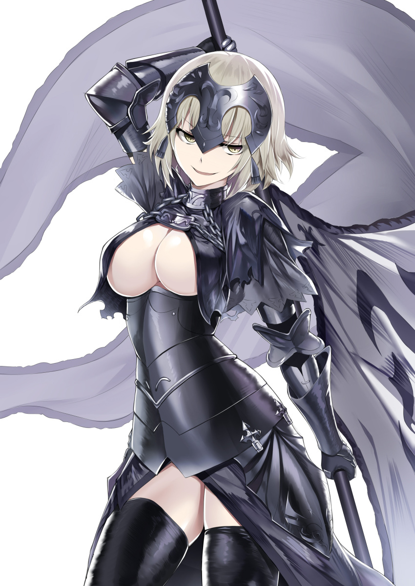 1girl absurdres armor blonde_hair braid breasts cleavage fate/apocrypha fate/grand_order fate_(series) faulds gauntlets headpiece heirou highres jeanne_alter long_hair ruler_(fate/apocrypha) ruler_(fate/grand_order) single_braid solo thigh-highs yellow_eyes