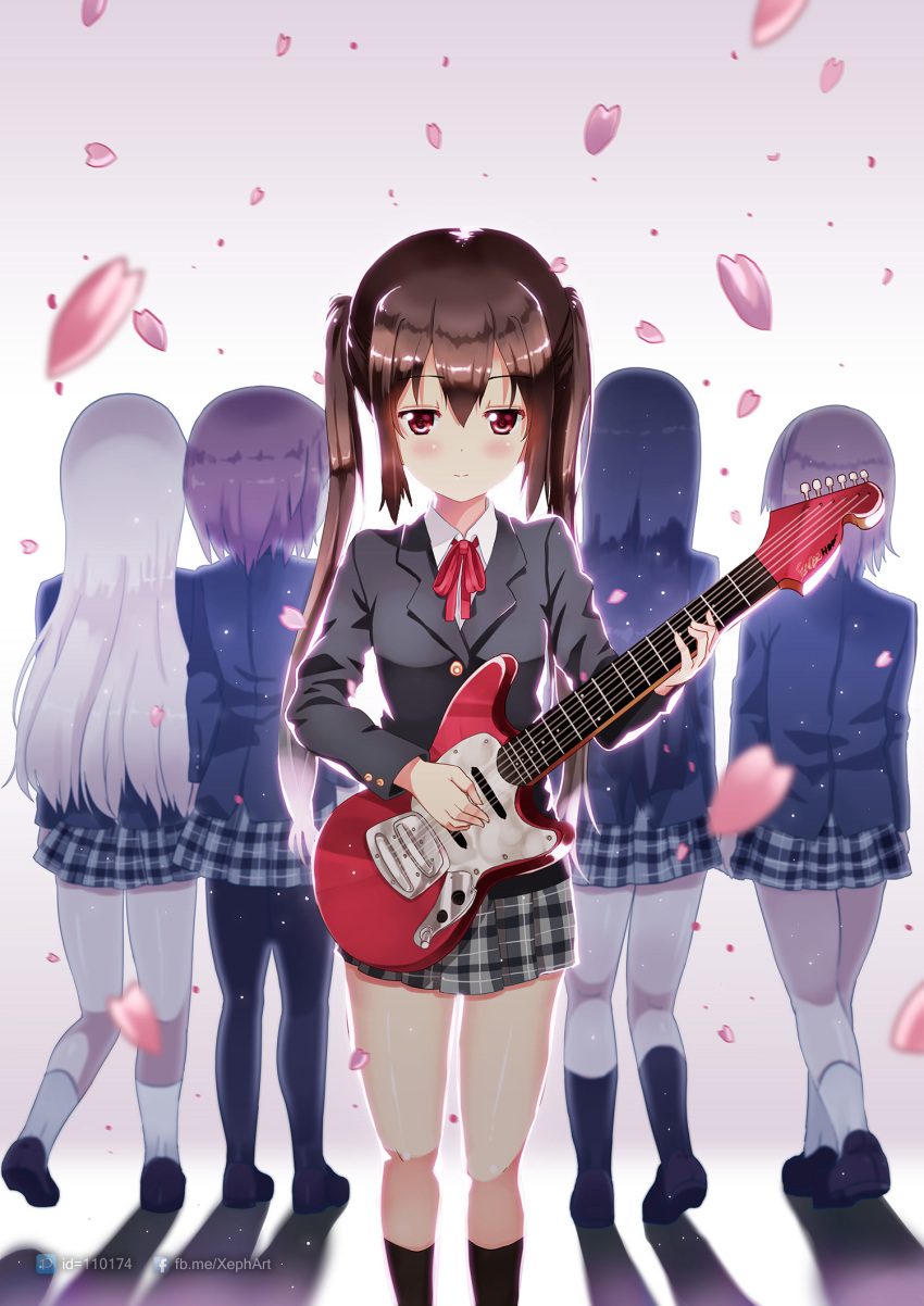 5girls akiyama_mio black_hair blonde_hair brown_hair highres hirasawa_yui k-on! kotobuki_tsumugi long_hair multiple_girls nakano_azusa pantyhose petals red_eyes school_uniform short_hair solo_focus tainaka_ritsu twintails xephonia