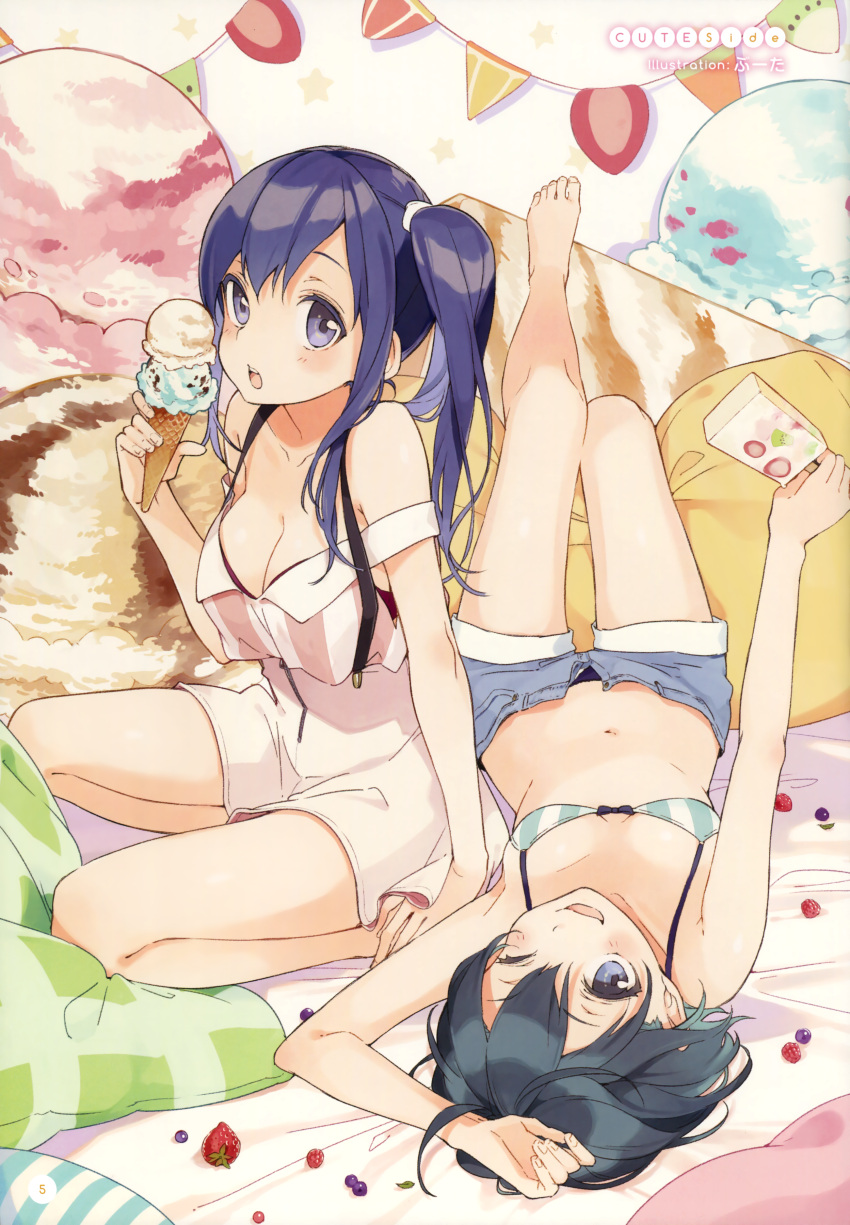 2girls ;d absurdres arm_support artist_name barefoot bikini black_hair blue_eyes blue_hair booota breasts cleavage dress food fruit grapes hair_between_eyes highres ice_cream_cone imai_midori large_breasts lying multiple_girls navel on_back one_eye_closed open_fly open_mouth popsicle scan shirobako short_hair short_shorts shorts side_ponytail sitting small_breasts smile strawberry swimsuit toudou_misa unzipped upside-down vertical-striped_bikini vertical_stripes yokozuwari