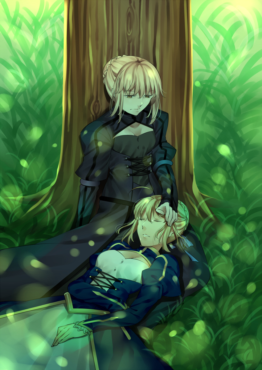 2girls ahoge armor armored_dress art artoria_pendragon_(all) blonde_hair blue_dress bow braid breasts cleavage collarbone dark_persona dress dual_persona fate/stay_night fate_(series) faulds french_braid gauntlets grass green_eyes hair_ribbon hand_on_another's_cheek hand_on_another's_face hand_on_another's_head heaven's_feel highres juliet_sleeves lap_pillow long_sleeves looking_at_another multiple_girls nashoki open_mouth pale_skin puffy_sleeves ribbon saber saber_alter short_hair sidelocks sky small_breasts tree yellow_eyes