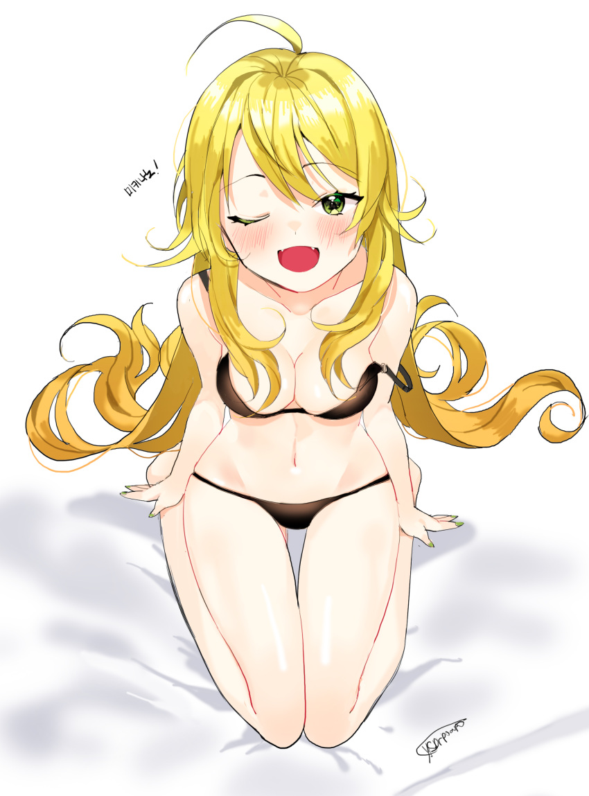 1girl ;d absurdres ahoge blonde_hair bra breasts dr_poapo fangs green_eyes highres hoshii_miki idolmaster long_hair one_eye_closed open_mouth panties signature smile solo strap_slip underwear