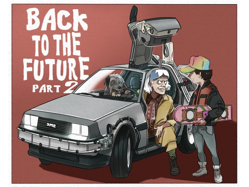 2boys back_to_the_future bags_under_eyes baseball_cap brown_hair car delorean denim dog emmett_brown hamuji hat holding hover_board jeans looking_at_another male_focus marty_mcfly motor_vehicle multiple_boys necktie pants red_background shoes short_hair sneakers time_machine vehicle white_hair