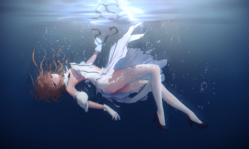 1girl blonde_hair bubble clenched_hand detached_collar detached_sleeves dress expressionless fate/stay_night fate/unlimited_codes fate_(series) from_side full_body gloves green_eyes high_heels highres holding maredoro panties ribbon saber saber_lily shoes solo thigh-highs torn_clothes torn_dress torn_thighhighs underwater underwear white_gloves white_legwear white_panties
