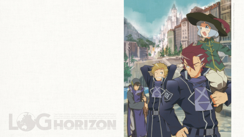 black_hair blue_hair brown_hair characin grey_hair hara_kazuhiro hat highres hood isaac_(log_horizon) iselus_el-arde_cowen log_horizon long_hair multicolored_hair official_art redhead rezarick_(log_horizon) short_hair sitting_on_shoulder two-tone_hair wallpaper